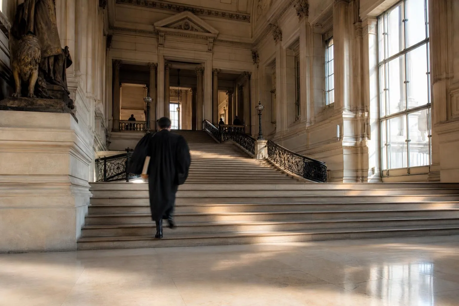 Un escalier de pierre monumental dans le hall d’un palais de justice français, éclairé par la lumière rasante d’un matin de septembre.
