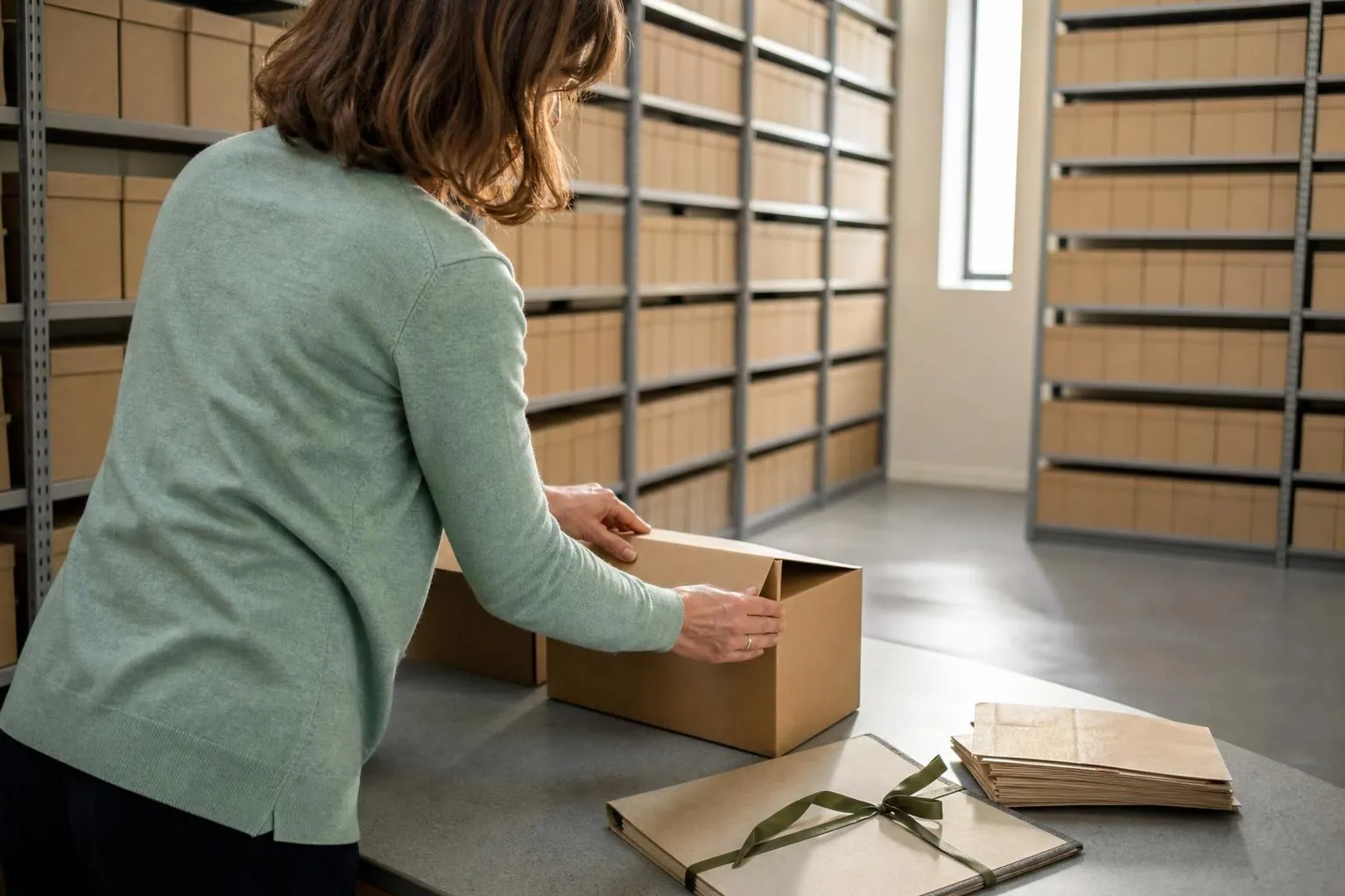 Une personne referme un carton d’archives dans la salle de rangement d’un cabinet, devant des rayonnages de boîtes claires.