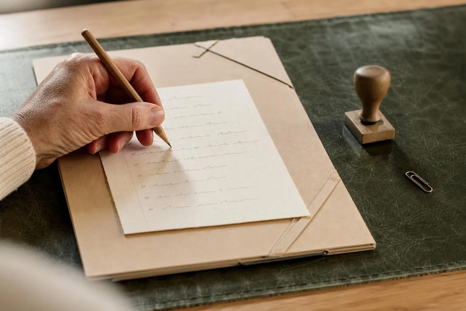 Une main coche au crayon les lignes d’une liste manuscrite posée sur une chemise fermée, à côté d’un tampon en bois.