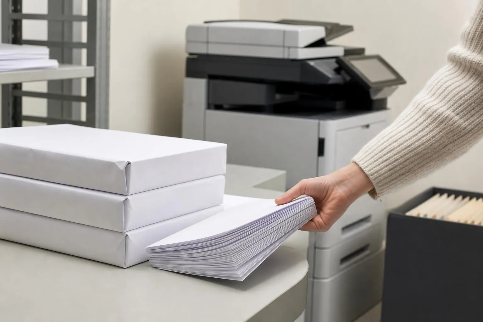 Des ramettes de papier empilées et une liasse fraîchement imprimée dans le local de reprographie d’un cabinet d’avocats.