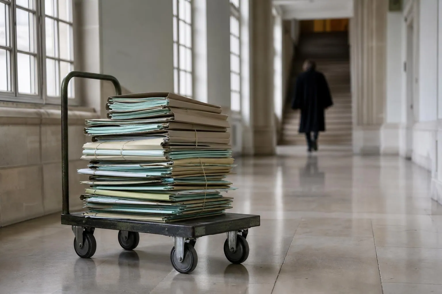 Un chariot de dossiers cartonnés attend au pied d’un escalier de pierre dans le couloir d’un palais de justice français.