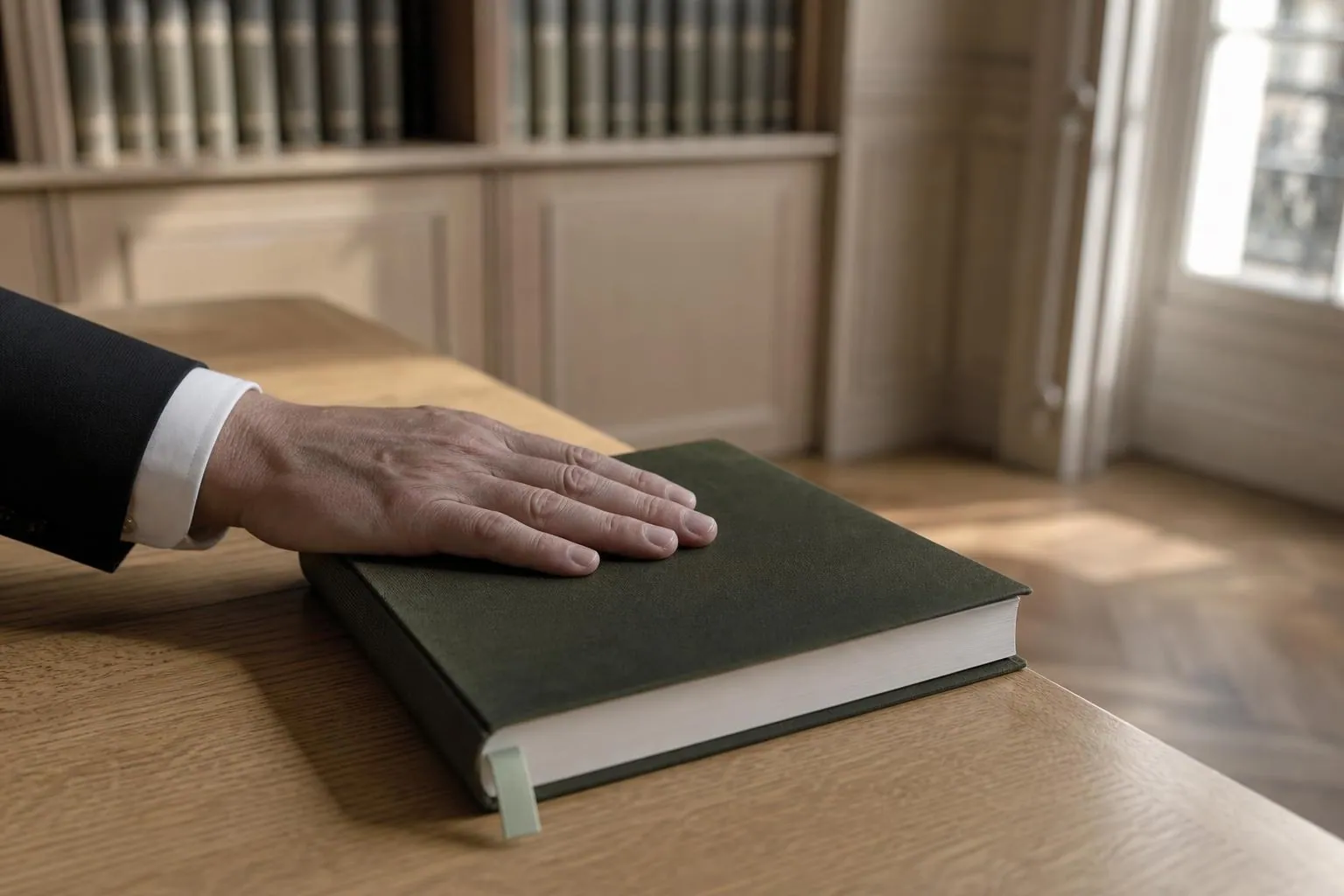 Un recueil relié fermé, marqué d’un signet de tissu céladon, posé sur la table de la bibliothèque d’un cabinet d’avocats.
