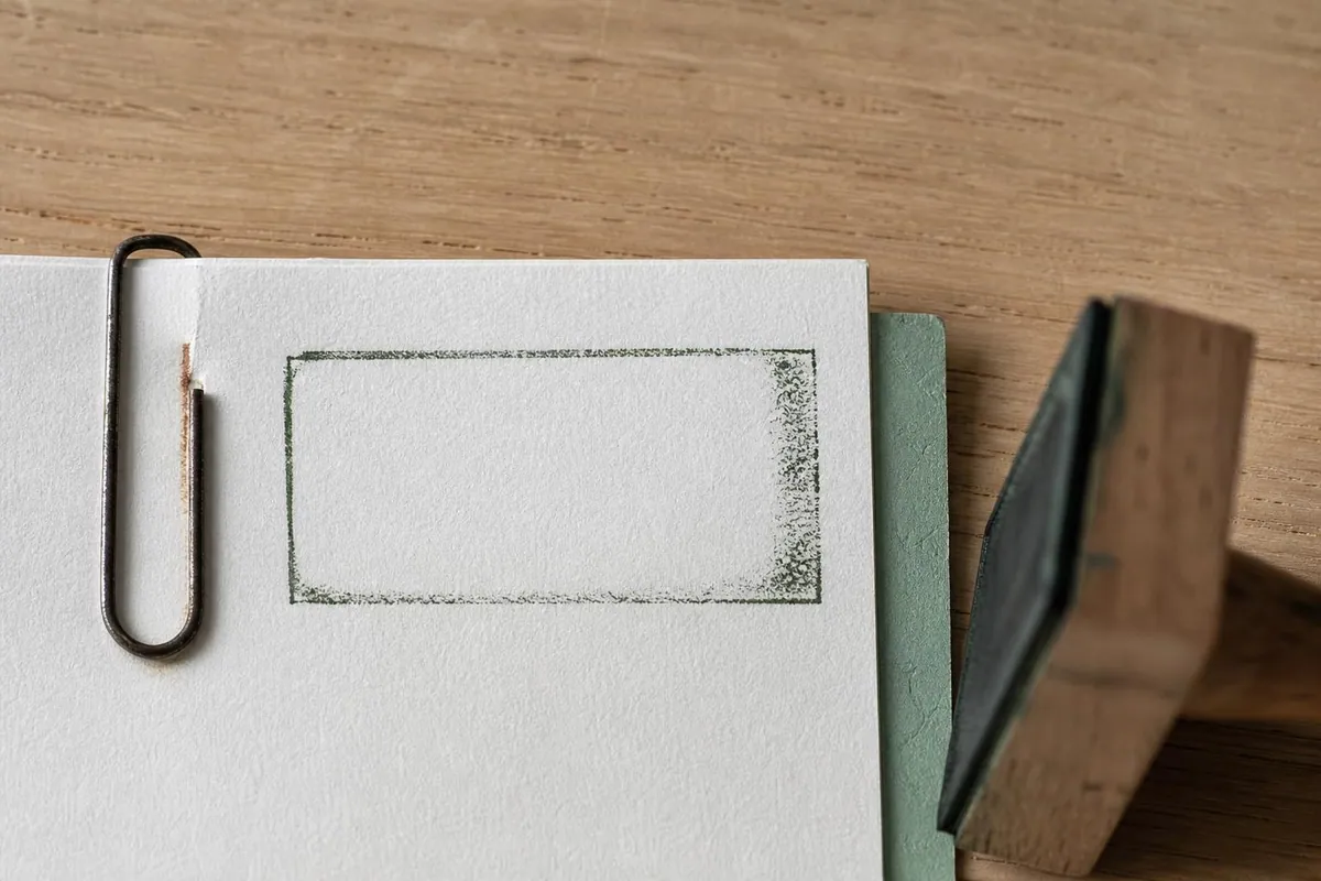 Gros plan du coin supérieur d’une feuille de papier portant l’empreinte encrée d’un numéro de pièce et retenue par un trombone
