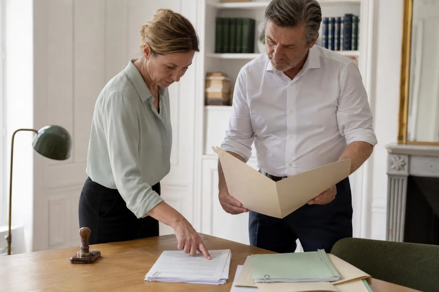 Une assistante juridique montre une ligne de bordereau à un avocat au dessus d’une chemise à rabats ouverte dans un cabinet clair