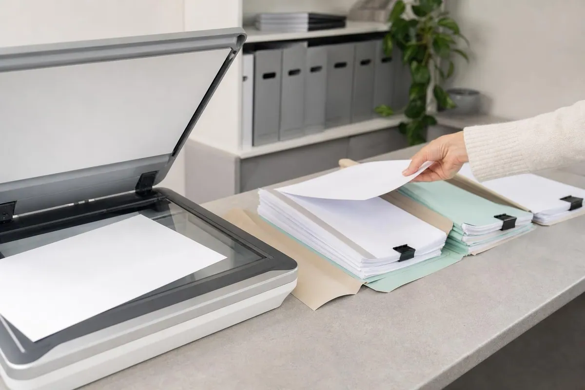 Poste de secrétariat de cabinet d’avocats avec scanner à plat ouvert, piles de pièces classées et sous chemises de couleur
